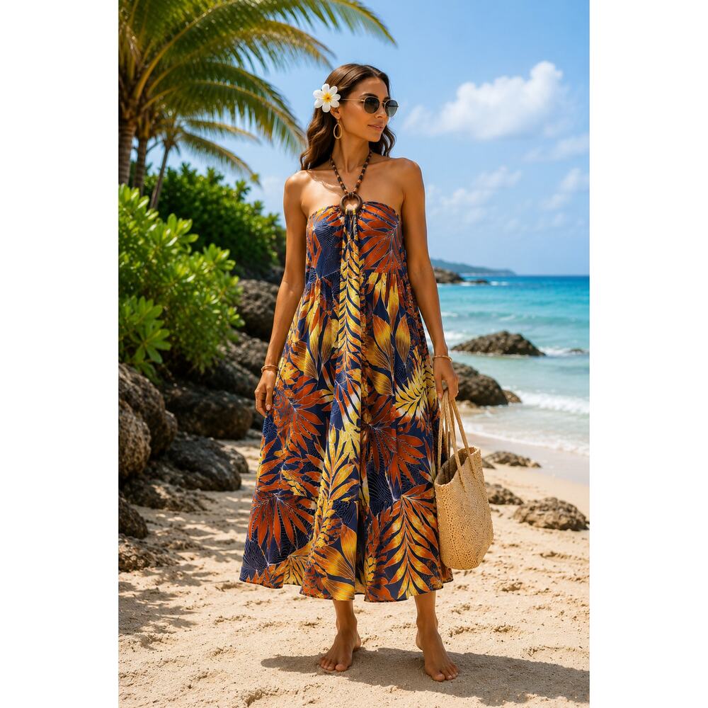 Tropical Hawaiian Halter Midi Dress 2XL Orange Blue Leaf Print Resort Vacation